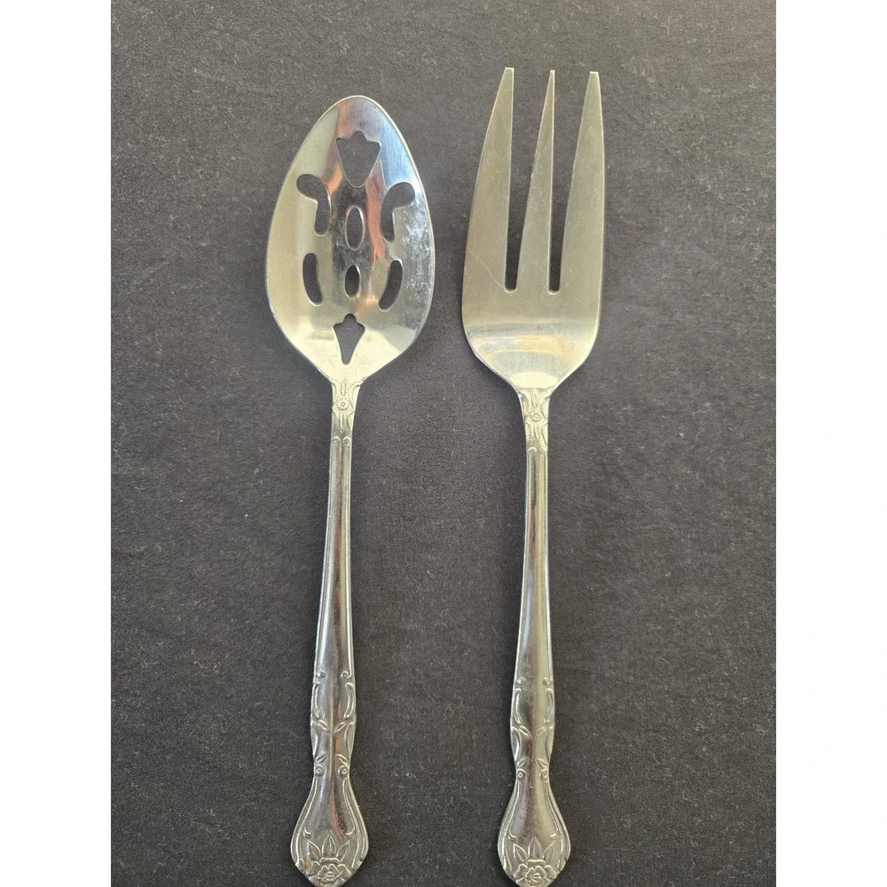 Vintage National Stainless Norma Rose Daisy Motif Serving Fork & Pierced Spoon